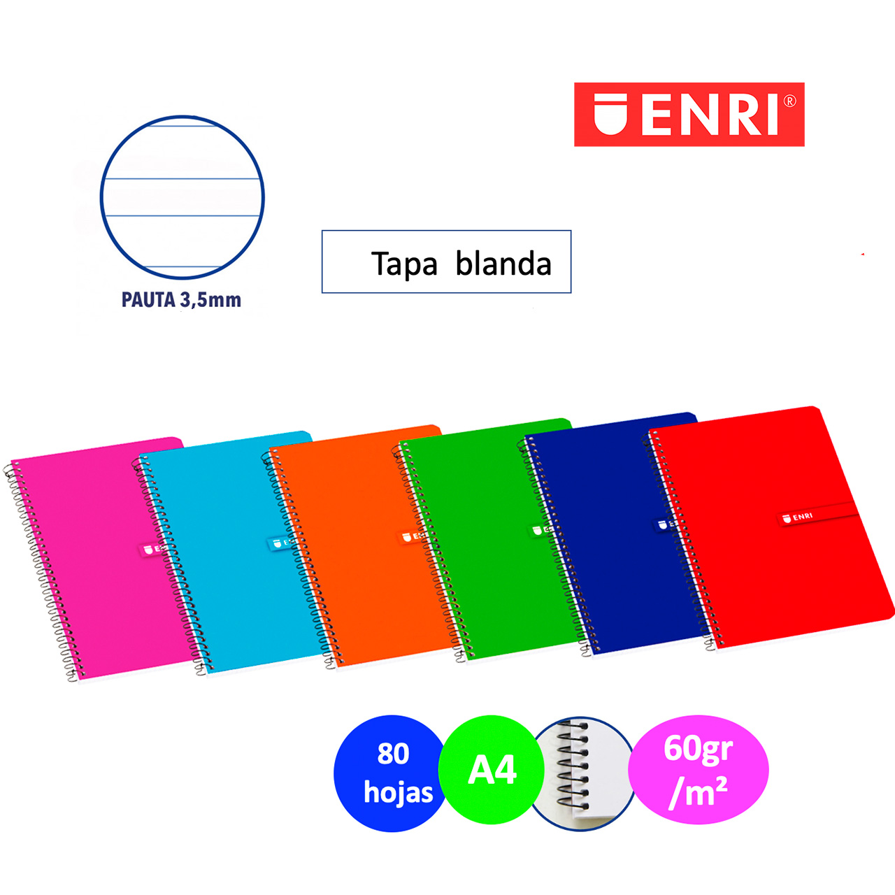 Cuaderno espiral con tapa blanda pauta A4 Enri variedad de colores