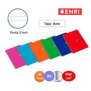 Cuaderno espiral con tapa dura pauta A5 Enri variedad de colores